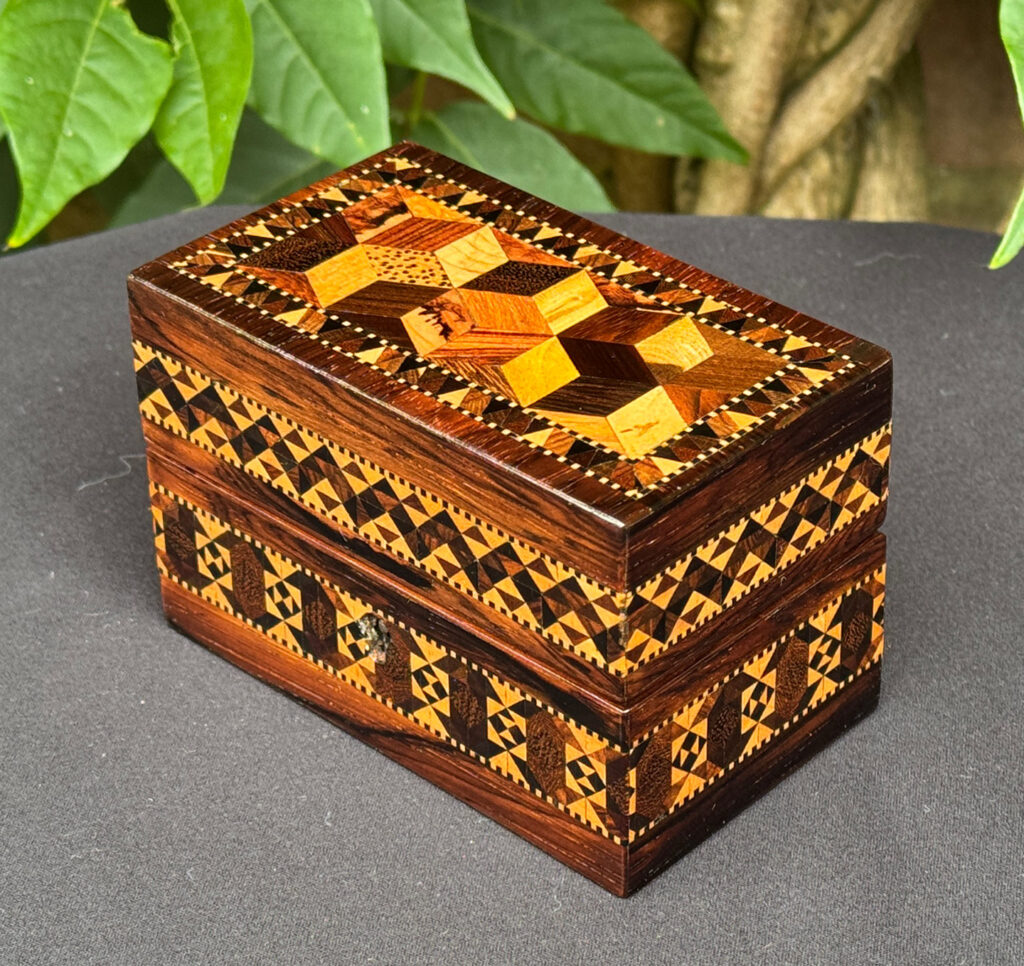 Front righ view of an  Antique Miniature Jewellery Box with Parquetry Inlay.