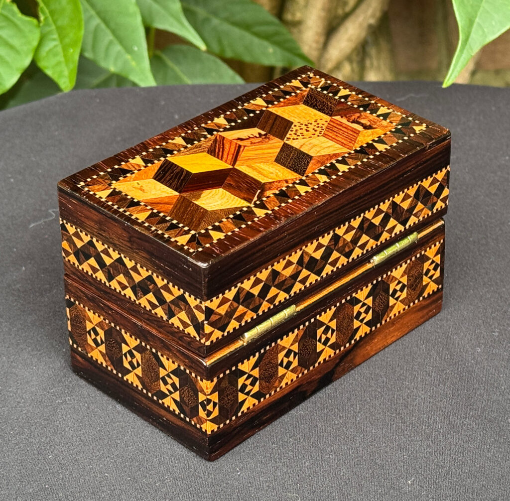 Rear right view of an Antique Miniature Jewellery Box with Parquetry Inlay.