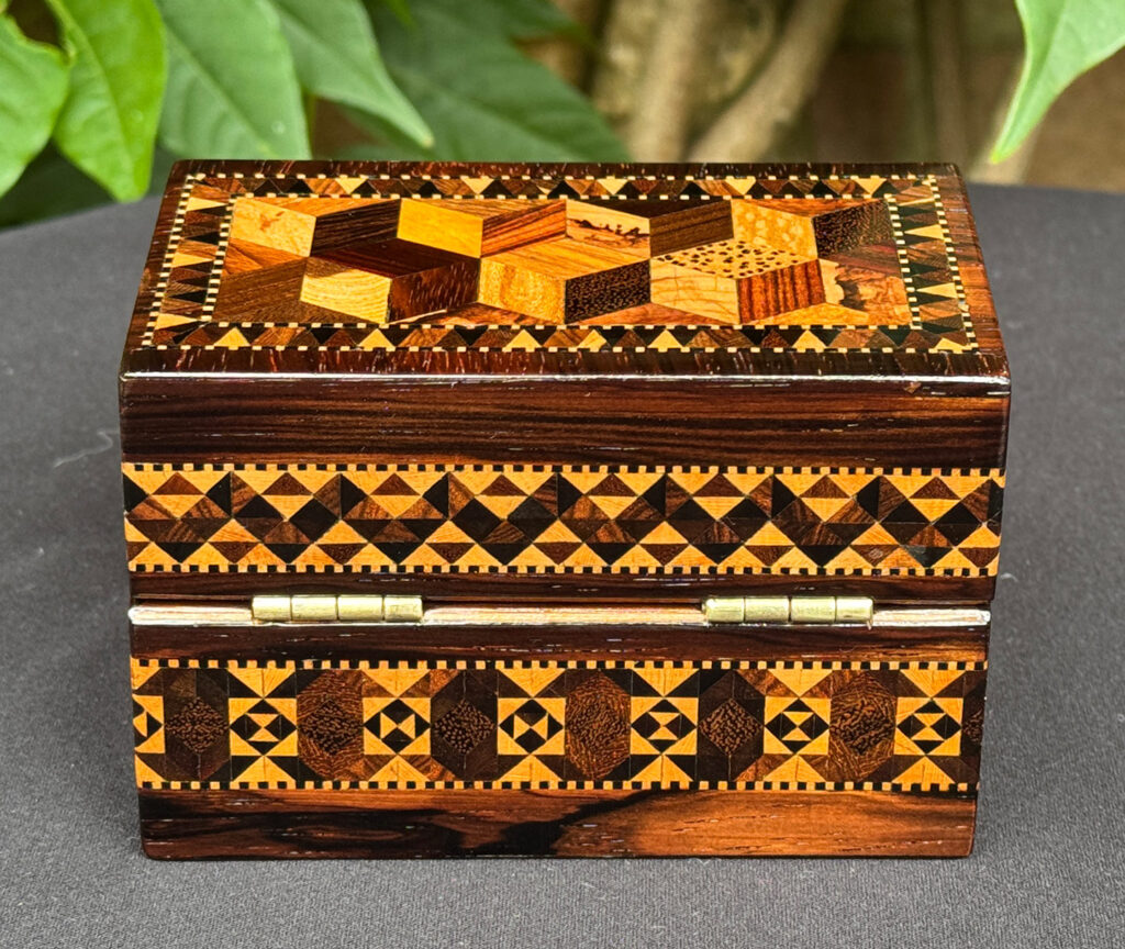 Rear view of an Antique Miniature Jewellery Box with Parquetry Inlay.