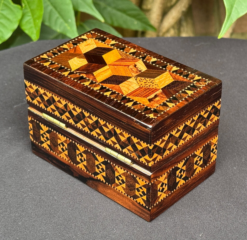 Rear left view of an Antique Miniature Jewellery Box with Parquetry Inlay.