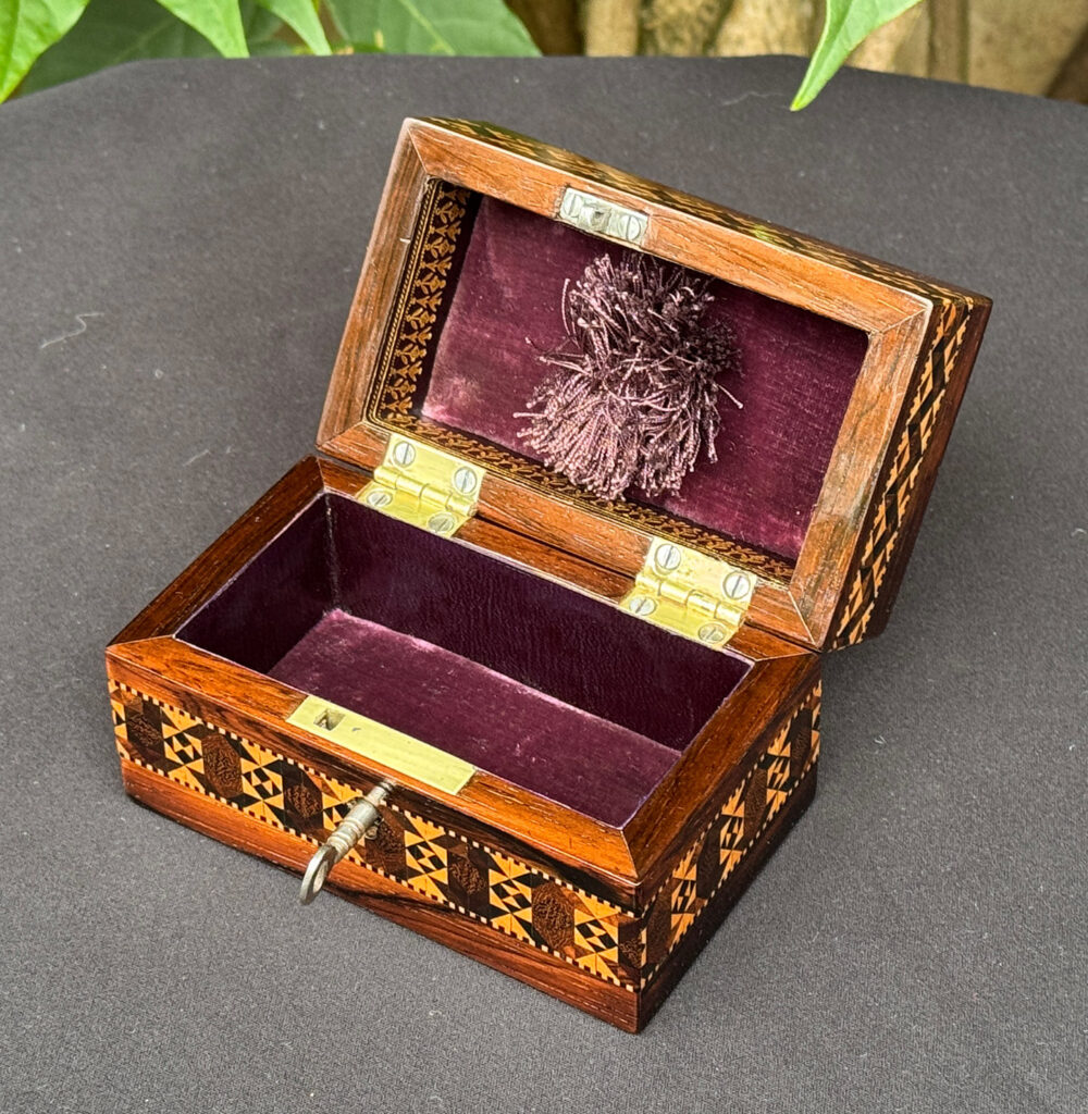 Front overhead internal view of an Antique Miniature Jewellery Box with Parquetry Inlay.