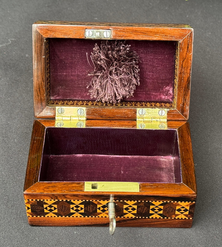 Front overhead internal view of an Antique Miniature Jewellery Box with Parquetry Inlay.