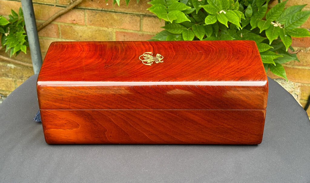 Right side view of a French Antique Travelling Jewellery in Mahogany, by Aucoc Ainé.