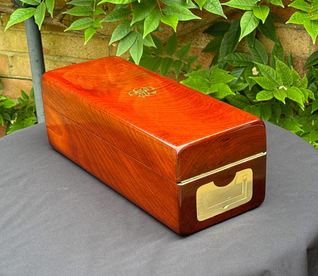 Rear right view of a French Antique Travelling Jewellery in Mahogany, by Aucoc Ainé.