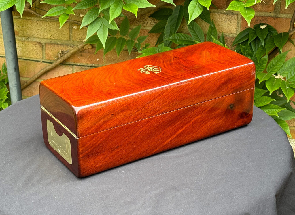 Rear left view of a French Antique Travelling Jewellery in Mahogany, by Aucoc Ainé.