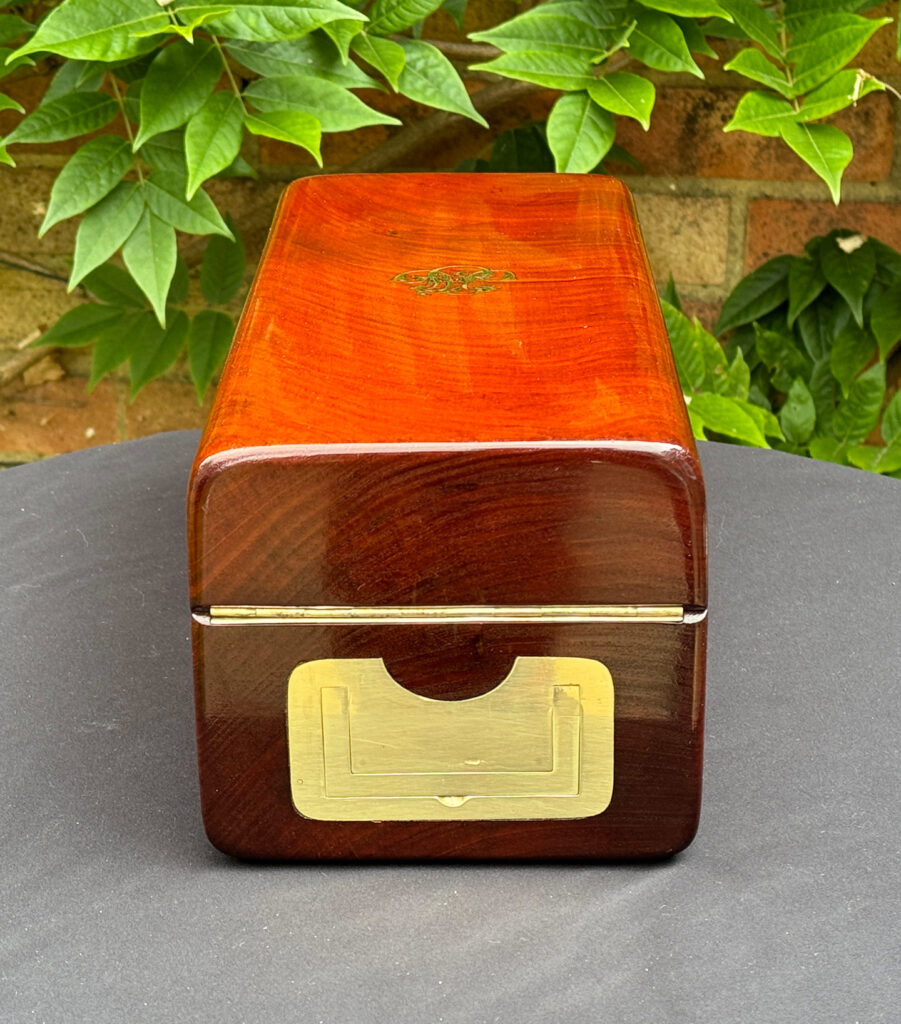 Rear view of a French Antique Travelling Jewellery in Mahogany, by Aucoc Ainé.
