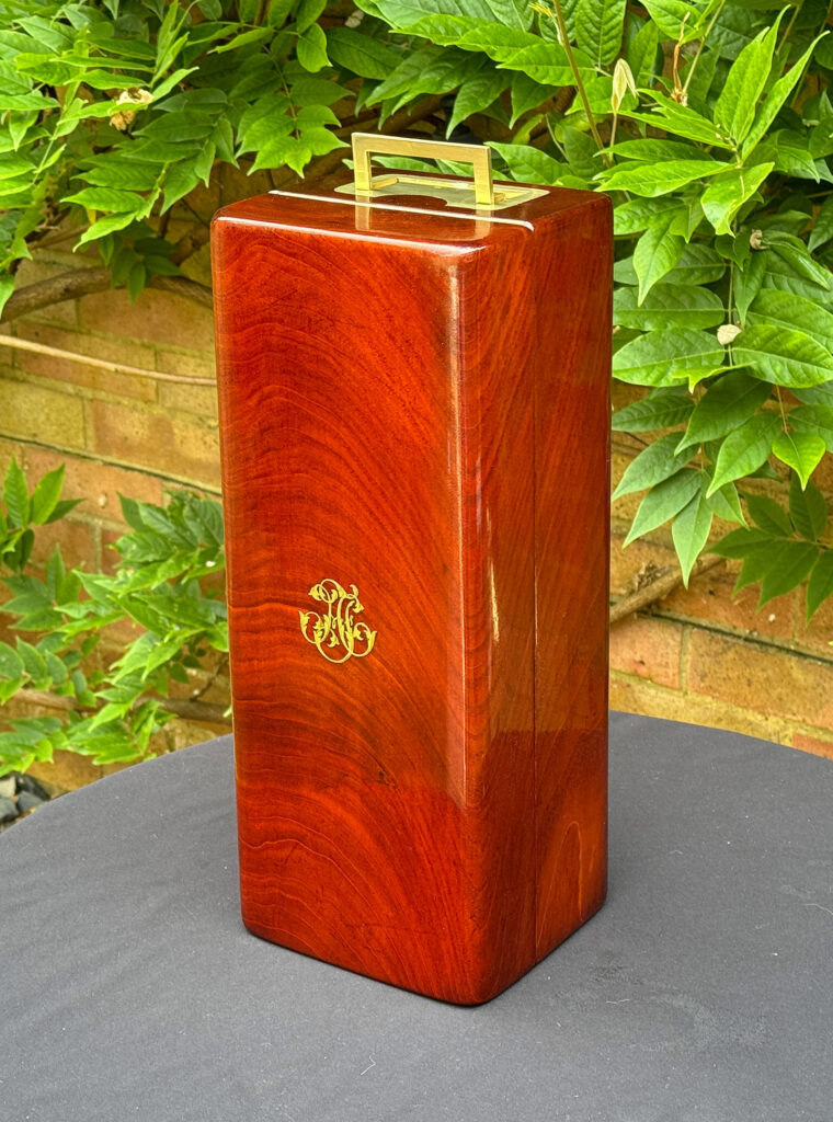 Lid view of a French Antique Travelling Jewellery in Mahogany, by Aucoc Ainé.