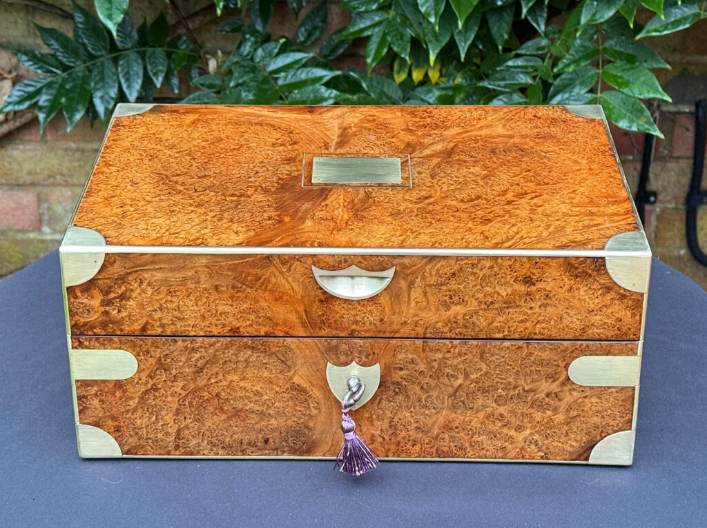 Front view of a French Antique Jewellery Box in Burr Elm.