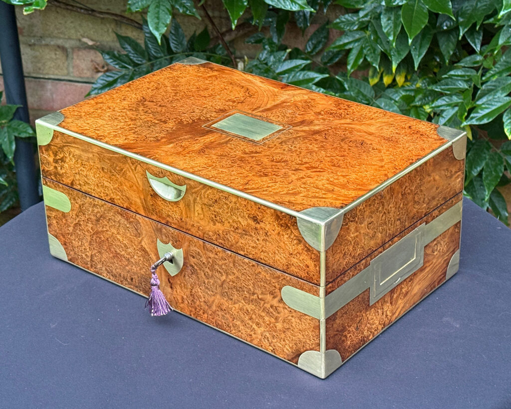 Front right view of a French Antique Jewellery Box in Burr Elm.