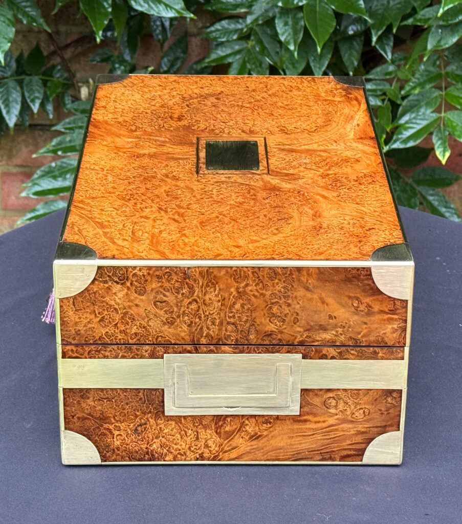 Right side view of a French Antique Jewellery Box in Burr Elm.
