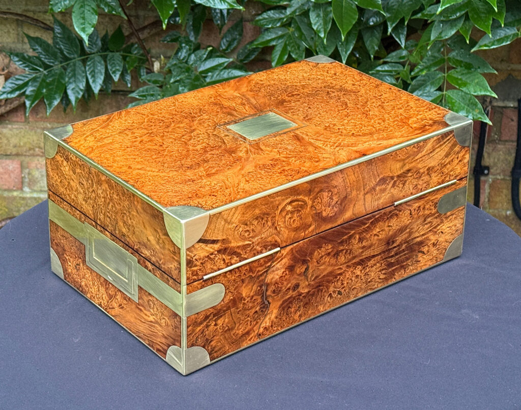 Rear right view of a French Antique Jewellery Box in Burr Elm.