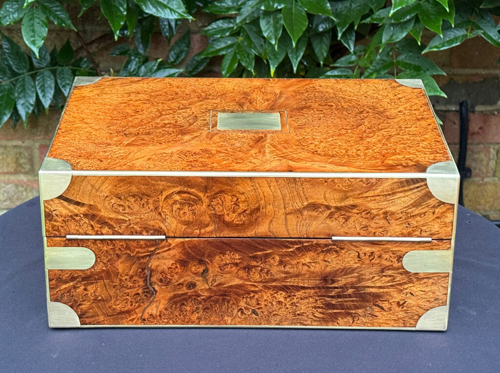 Rear view of a French Antique Jewellery Box in Burr Elm.