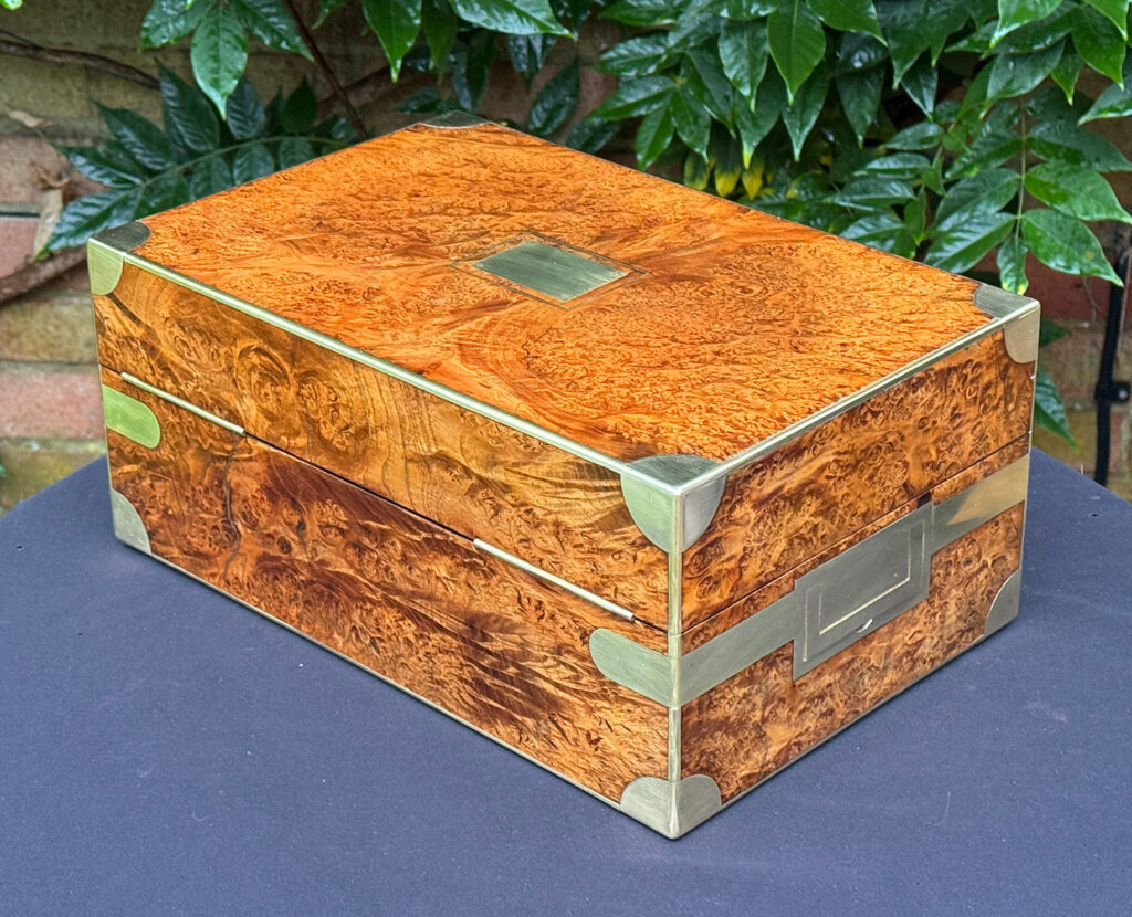 Rear left view of a French Antique Jewellery Box in Burr Elm.