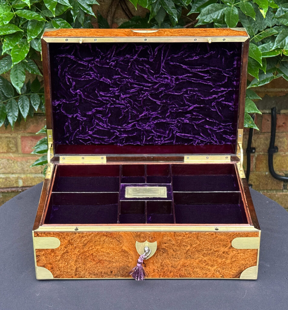 Front internal view of a French Antique Jewellery Box in Burr Elm.