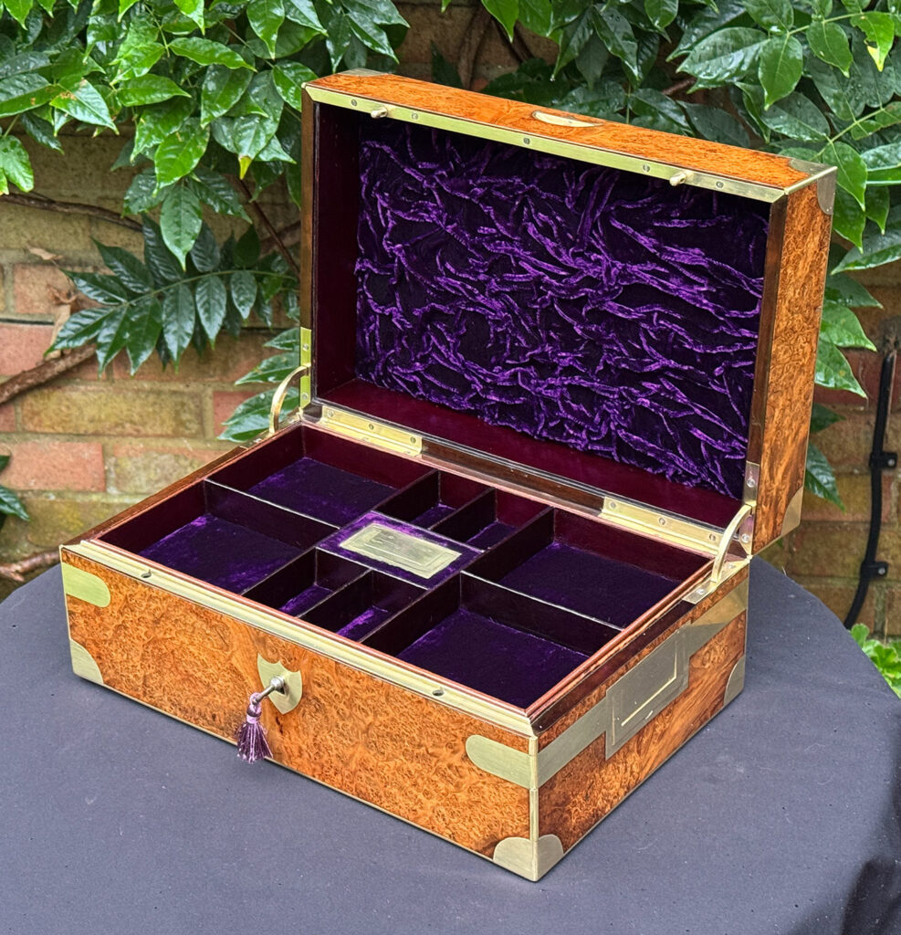 Front right internal view of a French Antique Jewellery Box in Burr Elm.