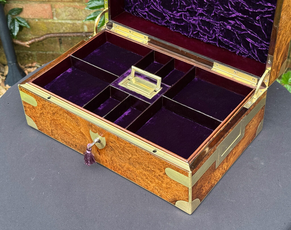 Front right closer view of a French Antique Jewellery Box in Burr Elm.