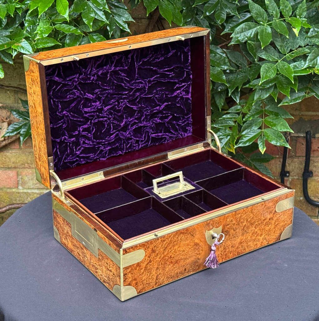 Front left internal view of a French Antique Jewellery Box in Burr Elm.