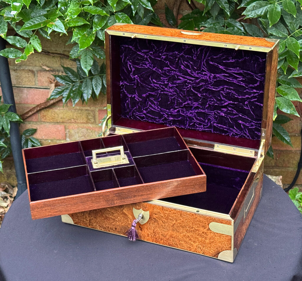 Front right internal view of a French Antique Jewellery Box in Burr Elm with tray removed.
