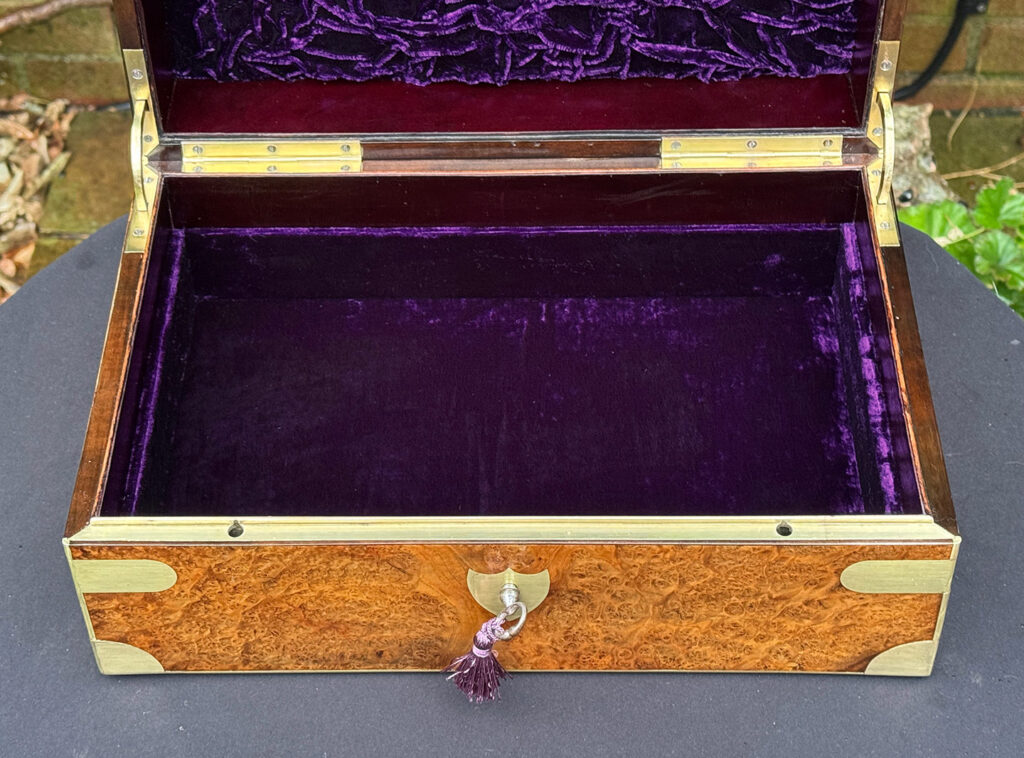 Front overhead internal view of a French Antique Jewellery Box in Burr Elm with the tray removed.