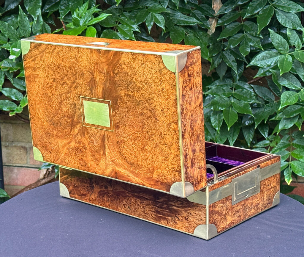 Rear left opened view of a French Antique Jewellery Box in Burr Elm.