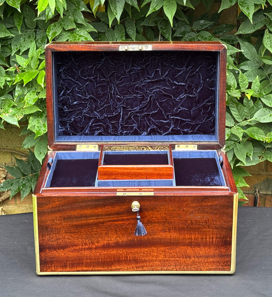 Front internal view of a large antique gentleman’s travelling jewellery box in Cuban mahogany.