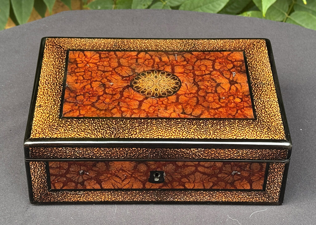Front view of a rare French miniature antique jewellery box in solid chrysanthemum and black palm wood.