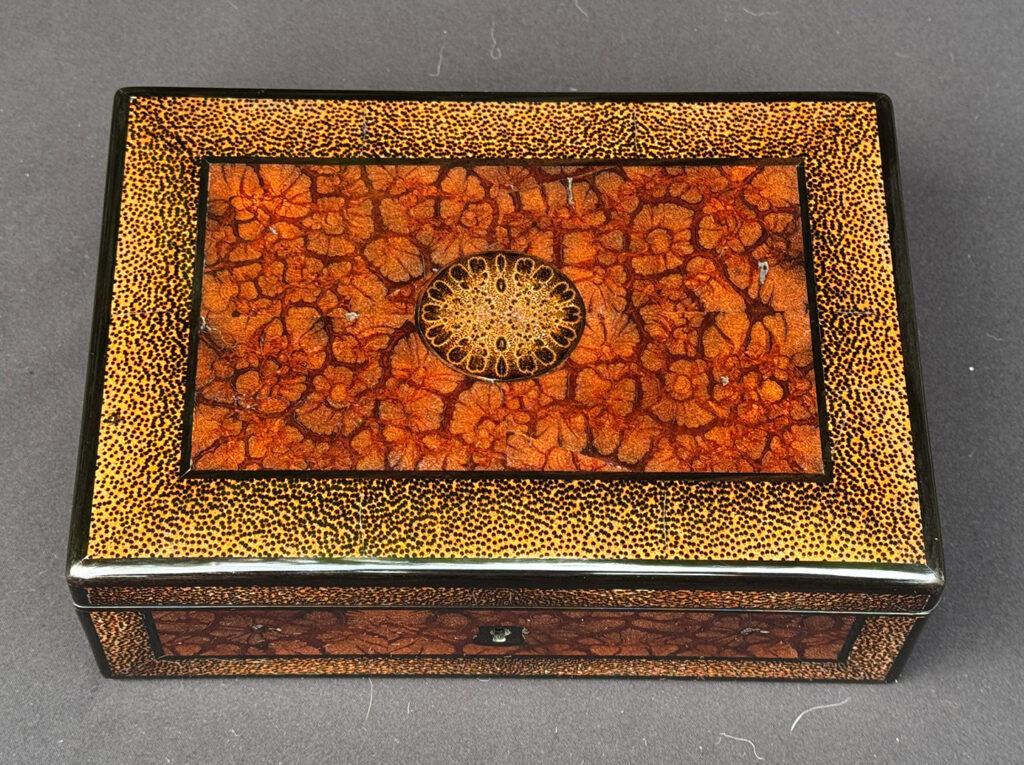 Overhead view of a rare French miniature antique jewellery box in solid chrysanthemum and black palm wood.