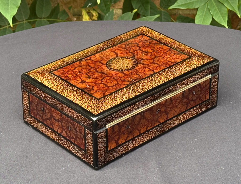 Rear right view of a rare French miniature antique jewellery box in solid chrysanthemum and black palm wood.