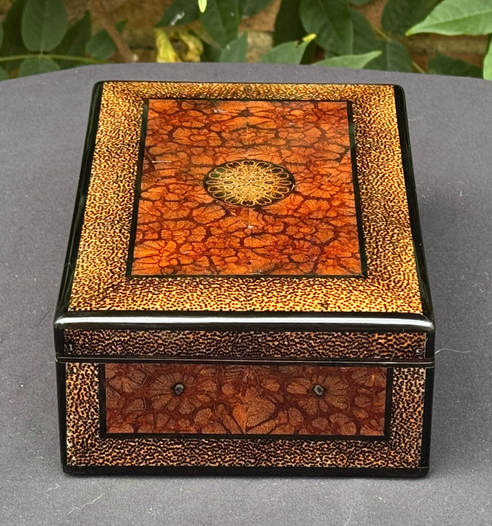 Left side view of a rare French miniature antique jewellery box in solid chrysanthemum and black palm wood.