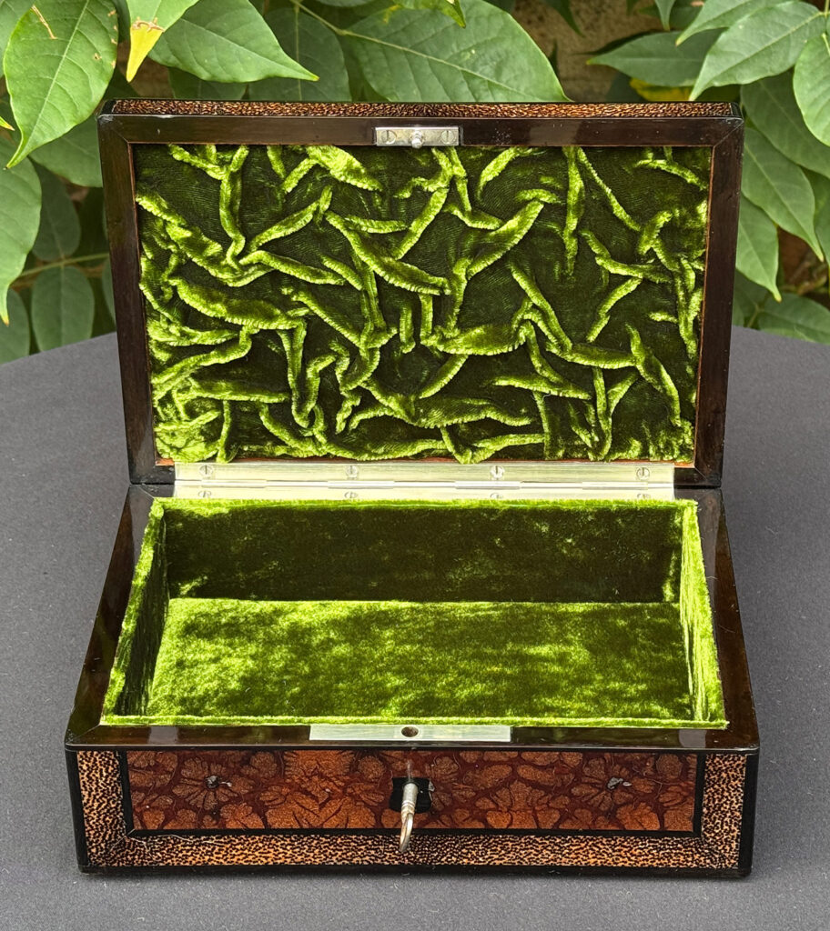 Front internal view of a rare French miniature antique jewellery box in solid chrysanthemum and black palm wood.