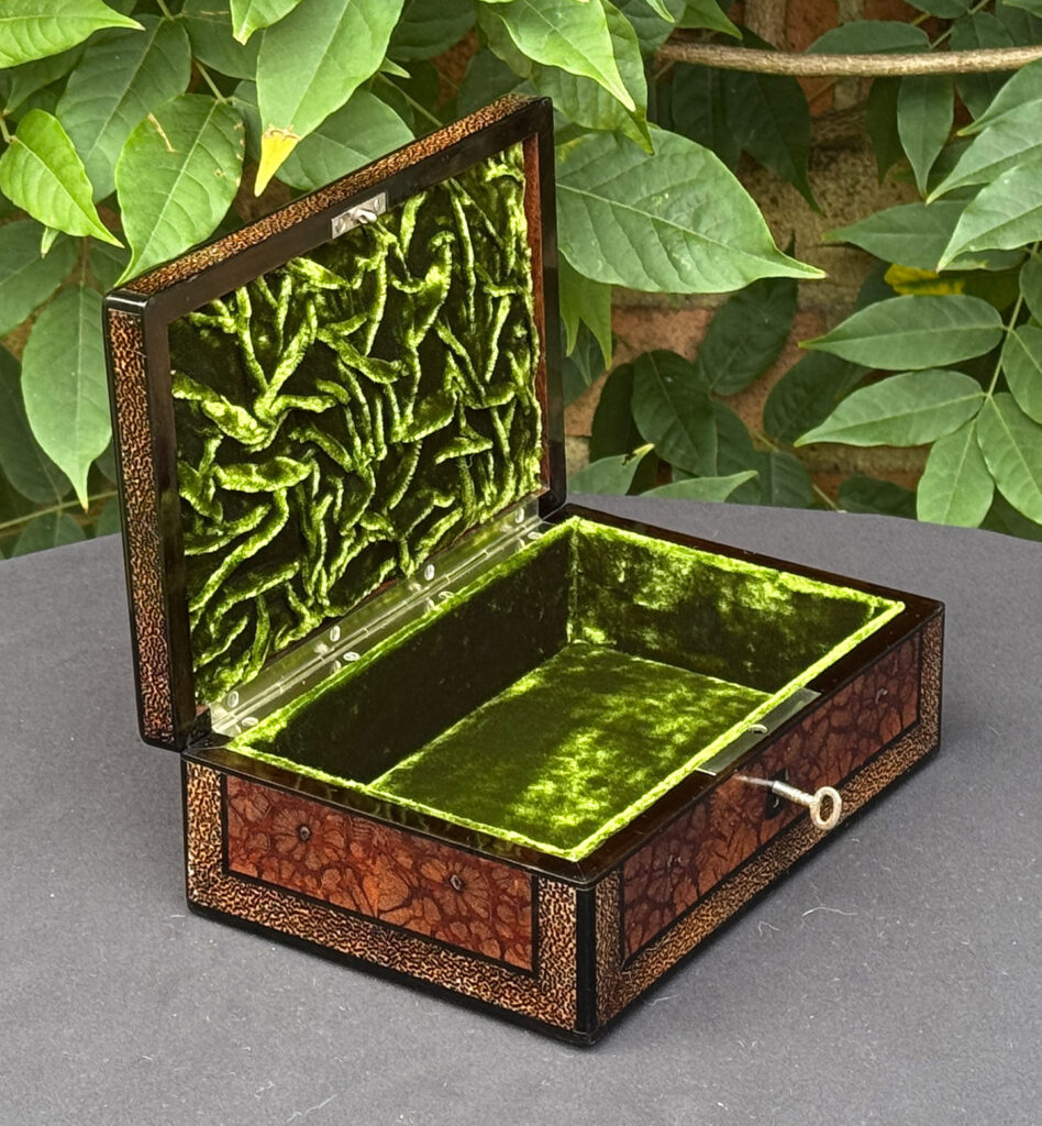 Left side internal view of a rare French miniature antique jewellery box in solid chrysanthemum and black palm wood.