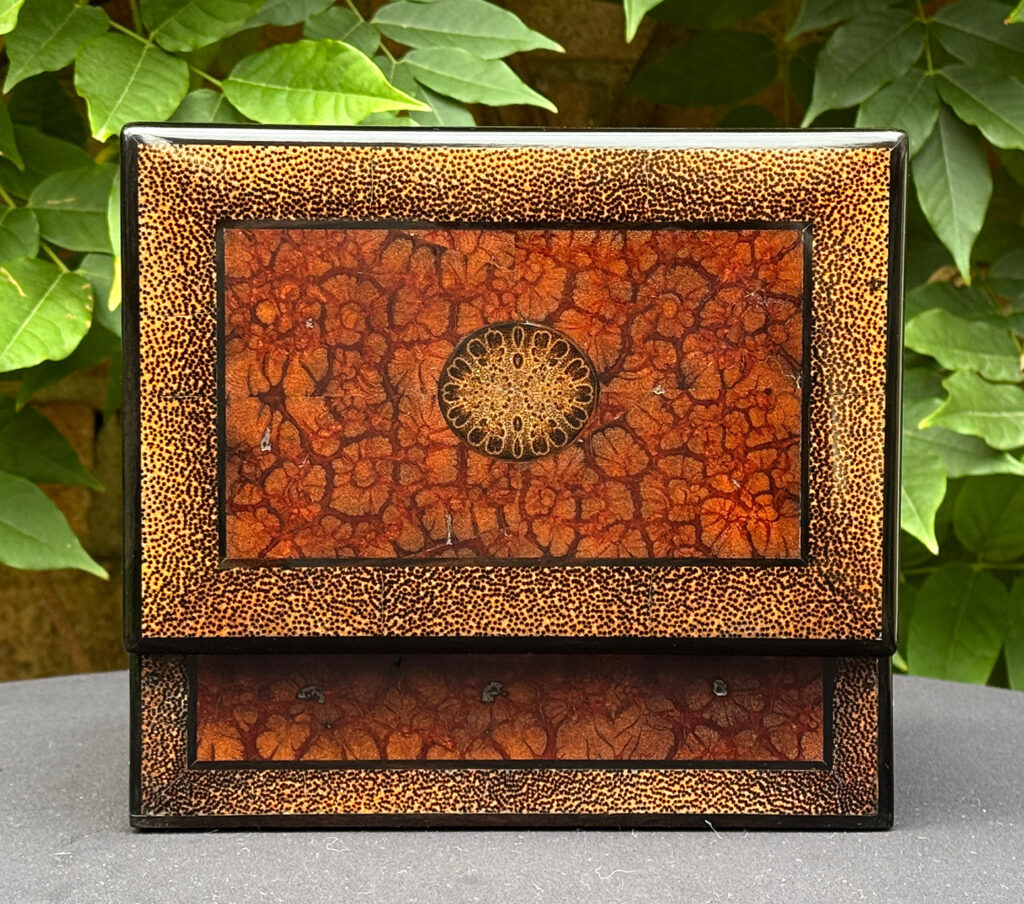 Rear opened view of a rare French miniature antique jewellery box in solid chrysanthemum and black palm wood.