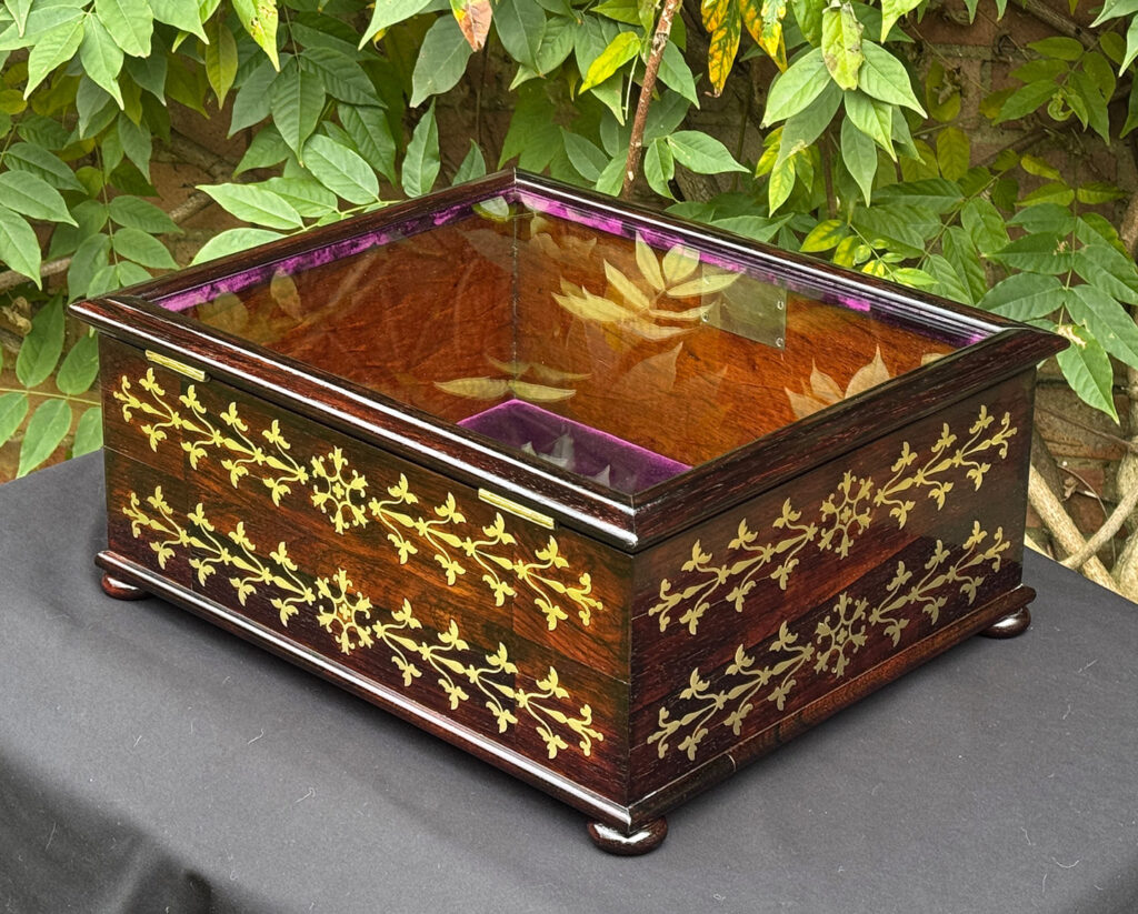 Rear left view of an antique rosewood brass inlaid glass display jewellery box.