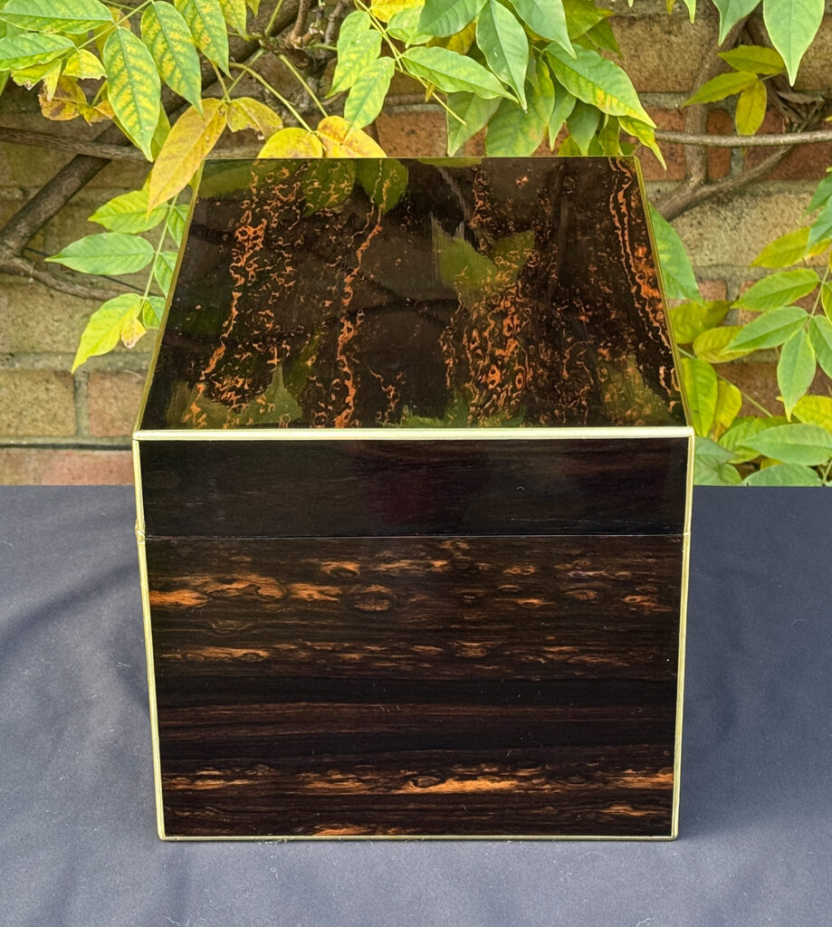Left side view of an antique jewellery box in coromandel with two concealed drawers.