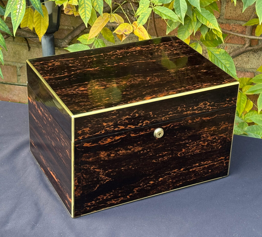 Front left view of an antique jewellery box in coromandel with two concealed drawers.