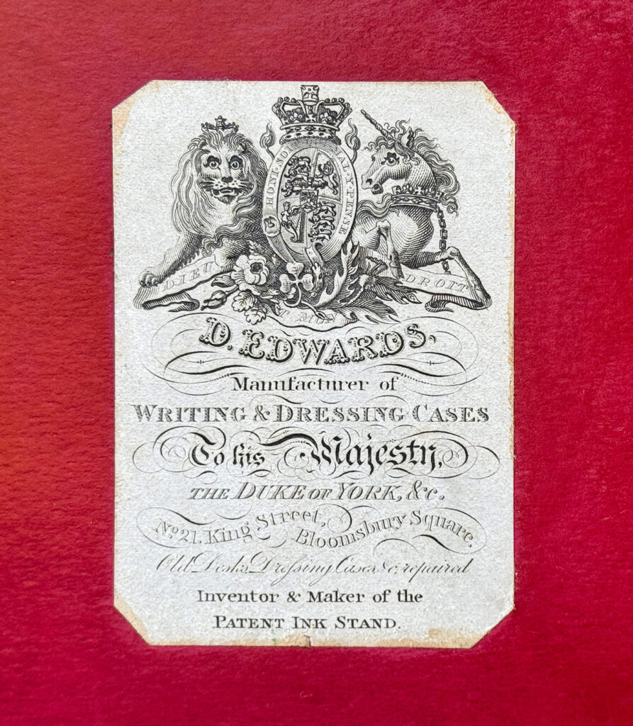 A close-up view of the paper manufacturer's and retailer's label belonging to David Edwards.