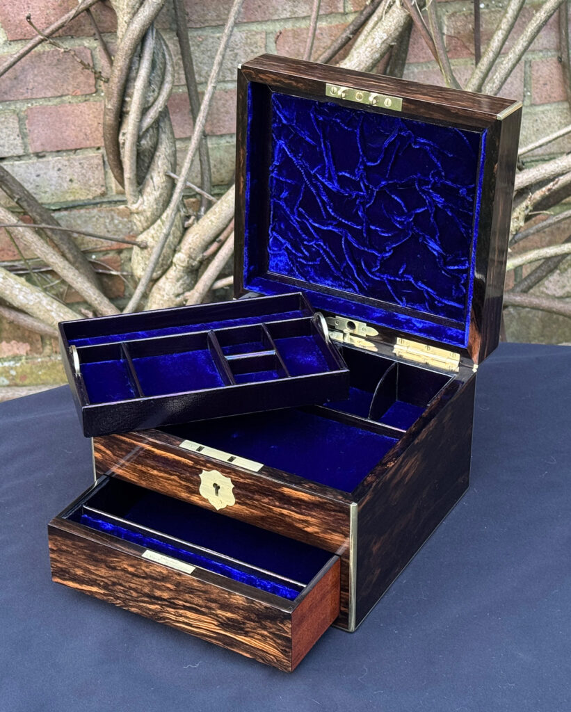 Front right internal view of a miniature antique jewellery box in coromandel, by George Betjemann & Sons, with tray removed.