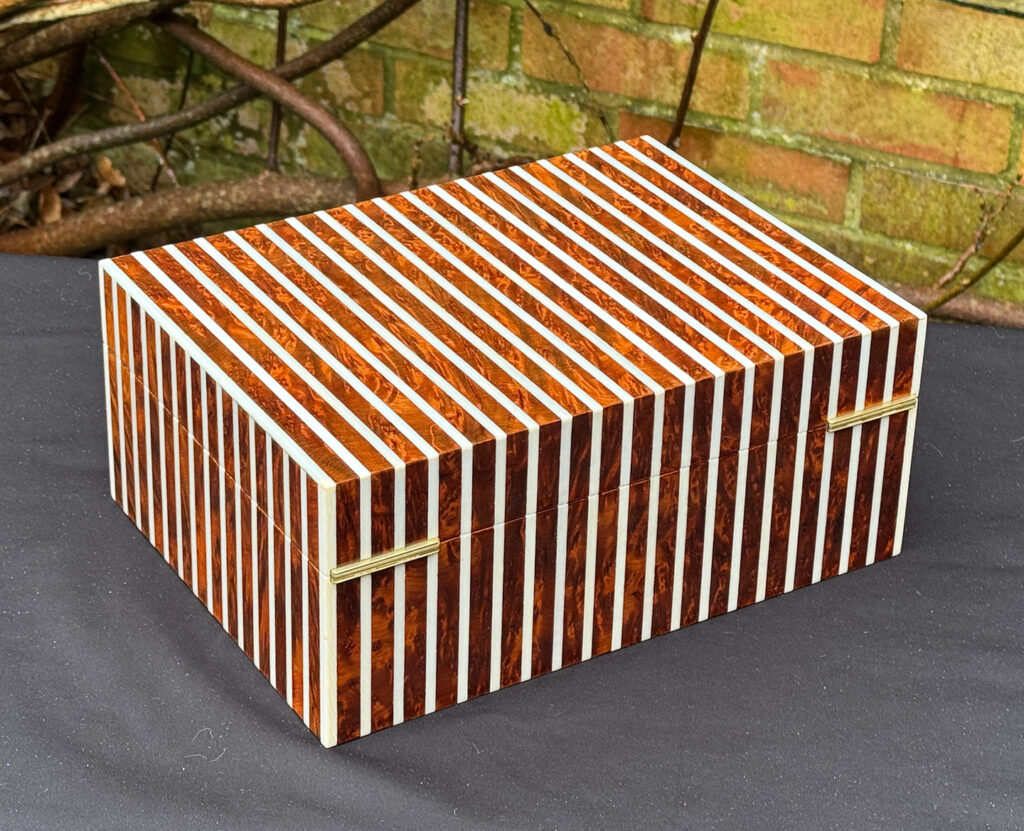 Rear right view of an antique Edwardian cigar box in thuya wood with ivory striped inlay.