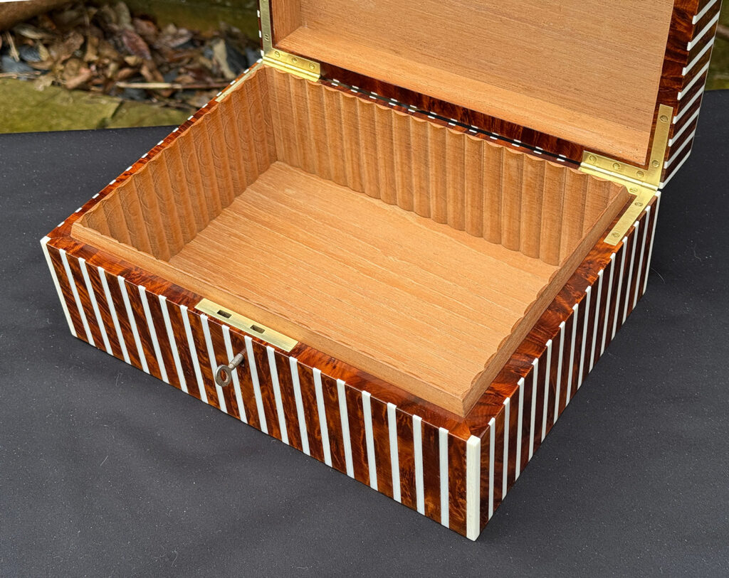 Overhead interior view of an antique Edwardian cigar box in thuya wood with ivory striped inlay.