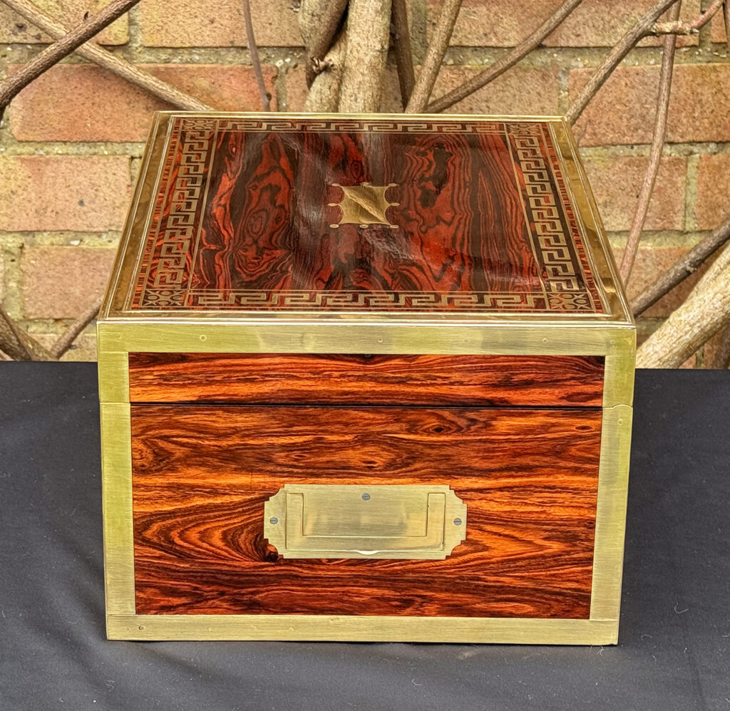 Right side view of an antique jewellery box in kingwood, by Wells & Lambe.