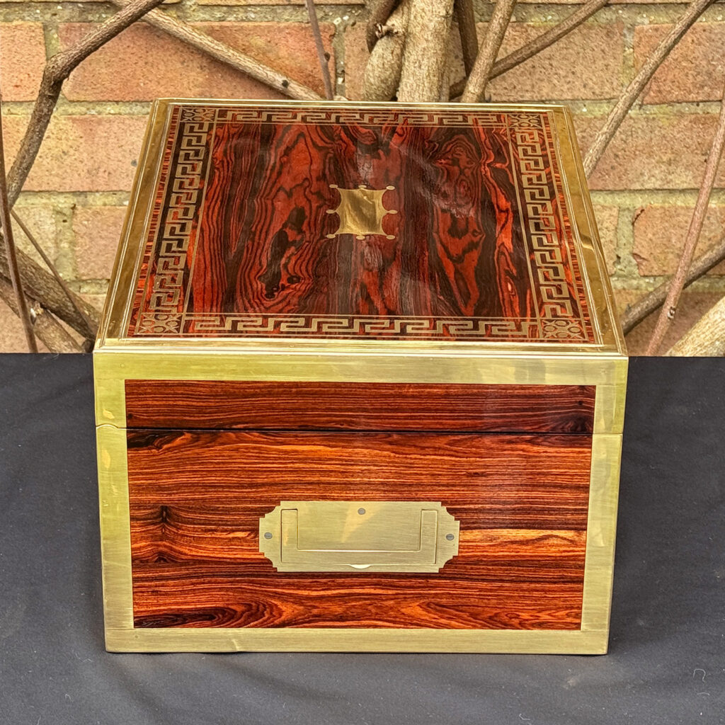 Left side view of an antique jewellery box in kingwood, by Wells & Lambe.