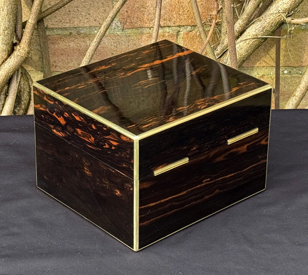 Rear right view of a rare miniature antique jewellery box in coromandel, by George Betjemann & Sons.