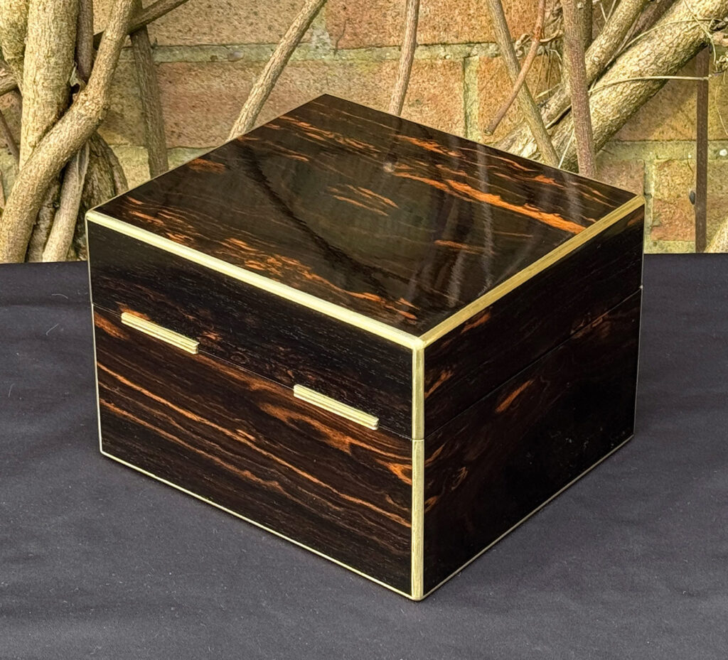 Rear left view of a rare miniature antique jewellery box in coromandel, by George Betjemann & Sons.
