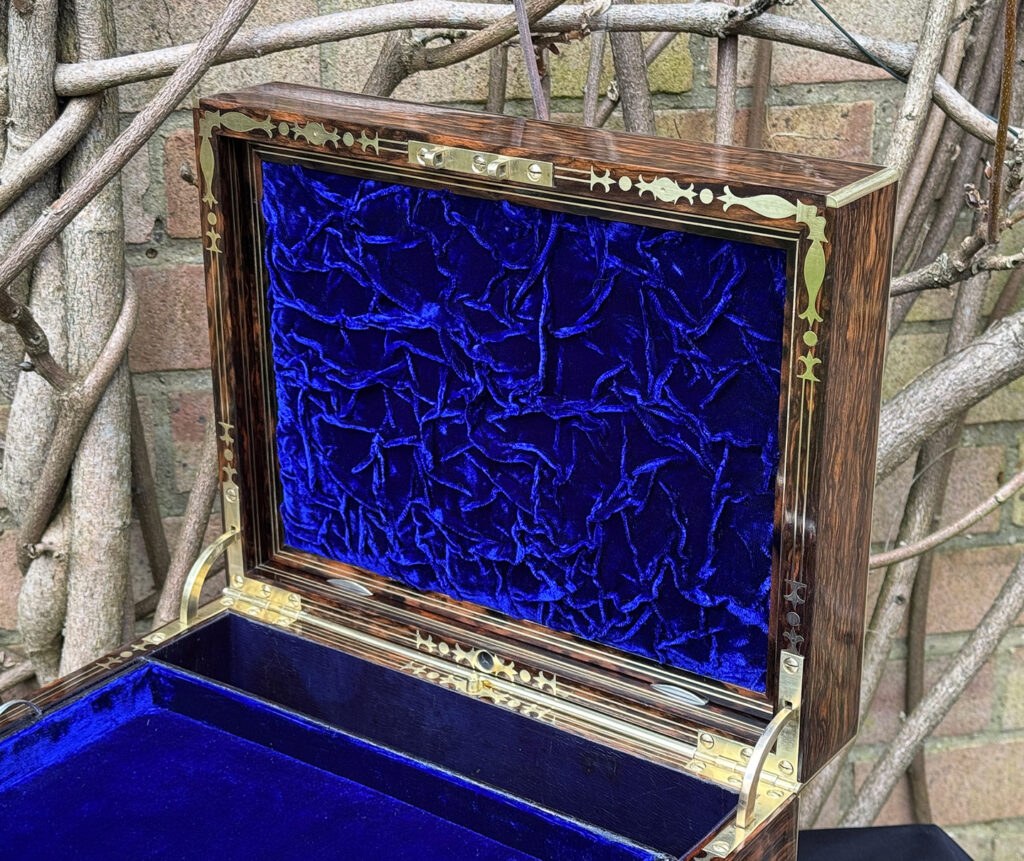 Ruched velvet panel from an antique jewellery box in coromandel by Halstaff & Hannaford.