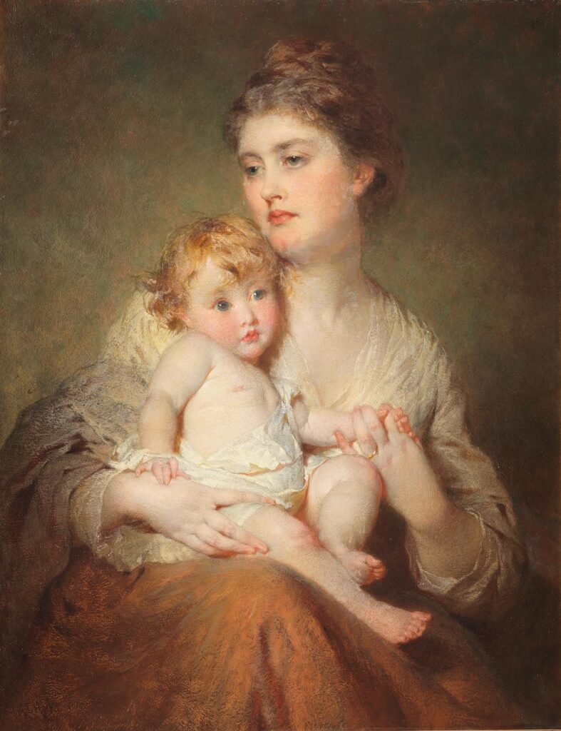 The Duchess of St. Albans and son (Osbourne de Vere Beauclark) by George Elgar Hicks in 1875.