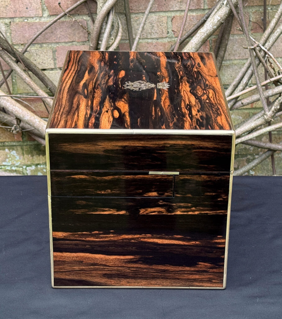Right side view of an antique jewellery box in calamander - A wedding gift to the Duchess of St. Albans.