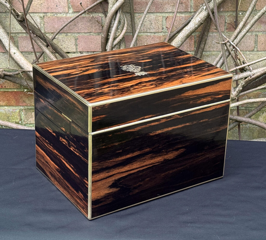 Rear right view of an antique jewellery box in calamander - A wedding gift to the Duchess of St. Albans.