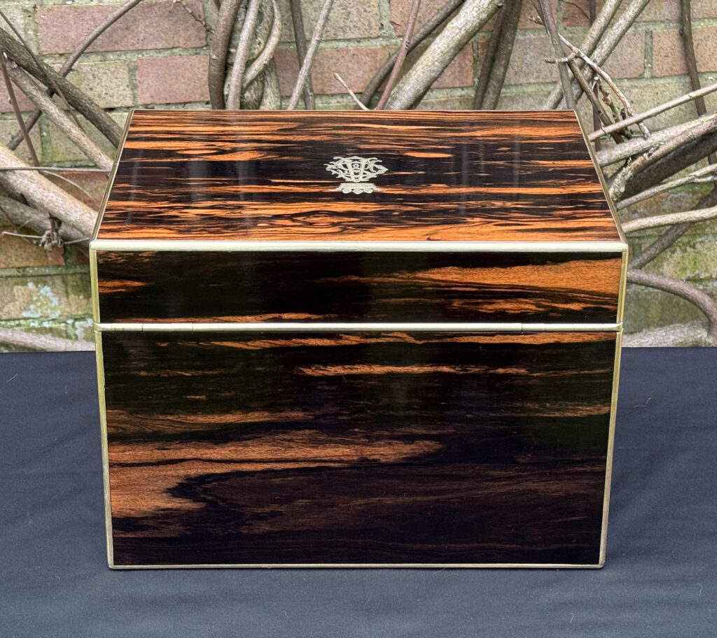 Rear view of an antique jewellery box in calamander - A wedding gift to the Duchess of St. Albans.