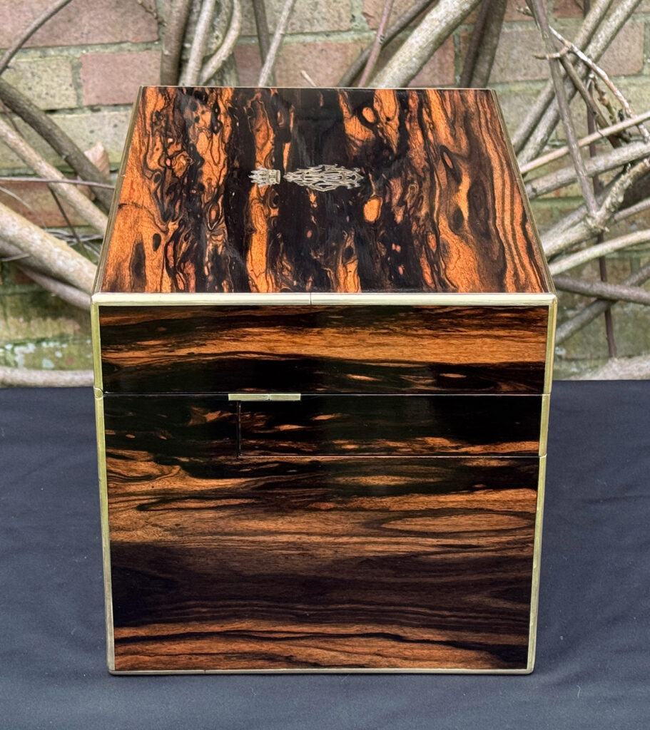Left side view of an antique jewellery box in calamander - A wedding gift to the Duchess of St. Albans.