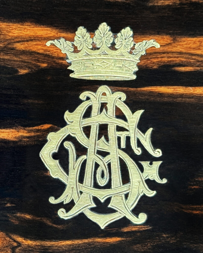 Ducal coronet and monogram from an antique jewellery box in calamander - A wedding gift to the Duchess of St. Albans.